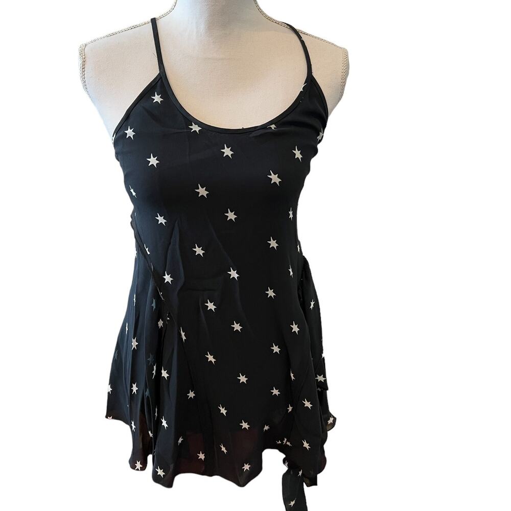 RE/DONE Originals Silk Asymmetrical Hem Flutter Cami Top Black Star Print